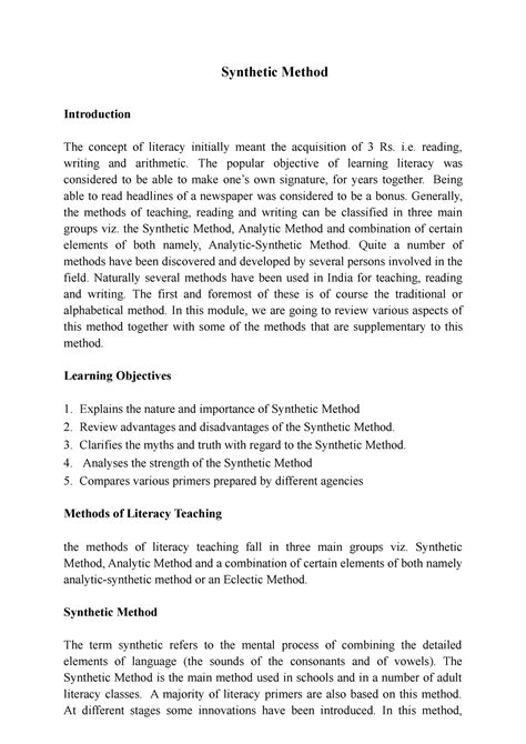 Synthetic Method - The concept of literacy initially meant the ...