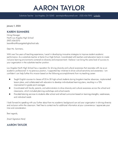 Substitute Teacher Cover Letter Examples and Templates for 2024 ...