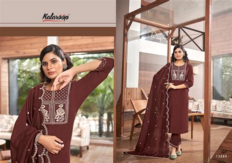 Kalaroop Blossom Heavy Embroidery Work Kurti Pant With Dupatta Set