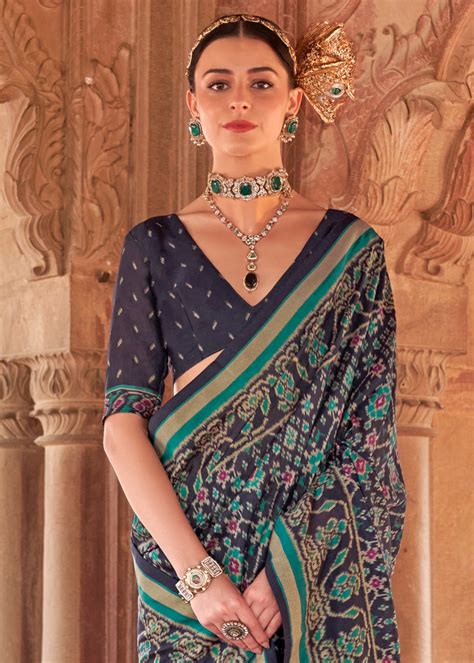 Midnight Blue Printed Patola Georgette Silk Saree – Zari Banaras