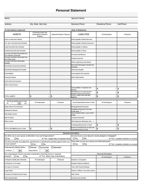 Image result for Personal Financial Statement Form Print