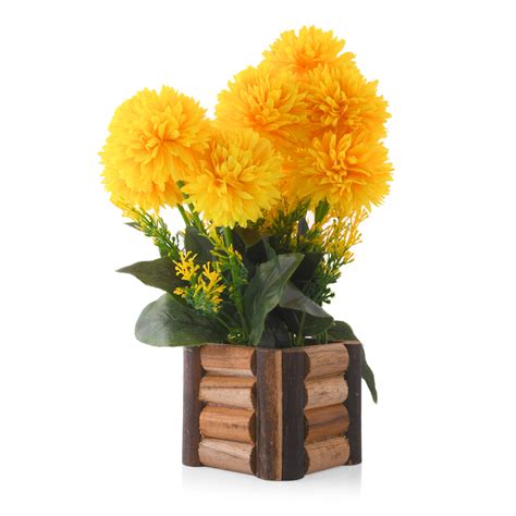 Yellow Artificial Dense Flowers With Wooden Pot – Nainileaf