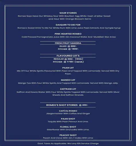 Menu at Romeo Lane, New Delhi, 13