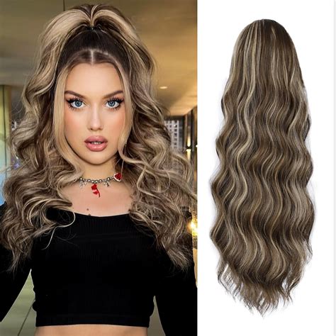 Amazon.com : FREEMEIGE Clip in Ponytail Extension Long Wavy Drawstring ...