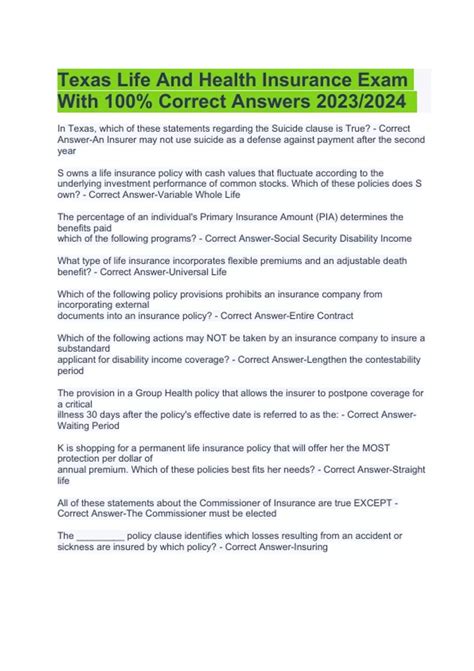 Texas Life And Health Insurance Exam Questions With Correct Answers | Latest 2023/2024 (Graded ...