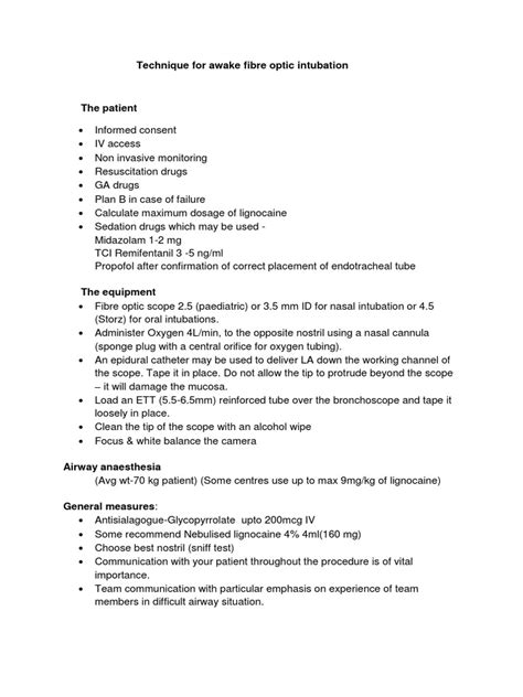 Technique For Awake Fibre Optic Intubation | PDF | Anesthesia | Clinical Medicine