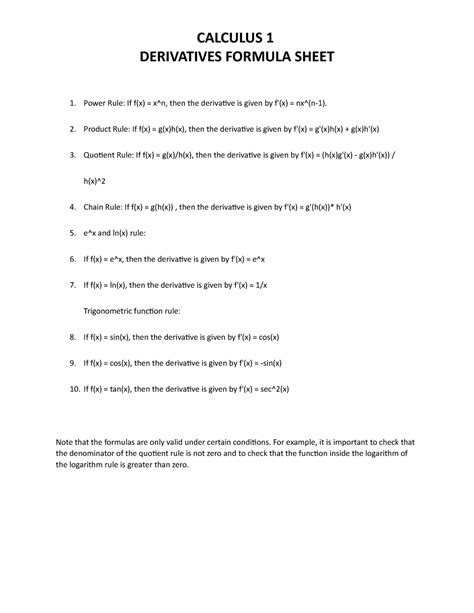 Image result for Calculus Derivative Formula Sheet