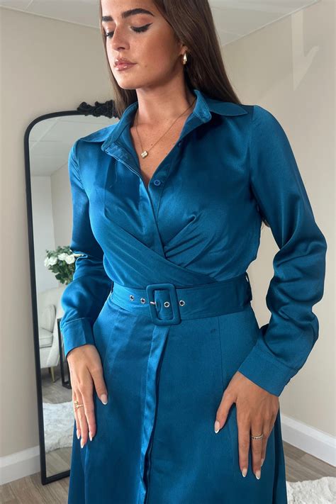 Kira Wrap Detail Maxi Shirt Dress In Petrol Blue