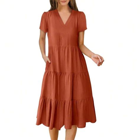 Women's Summer Casual Short Sleeve V Neck Midi Dresses 2025 Spring ...