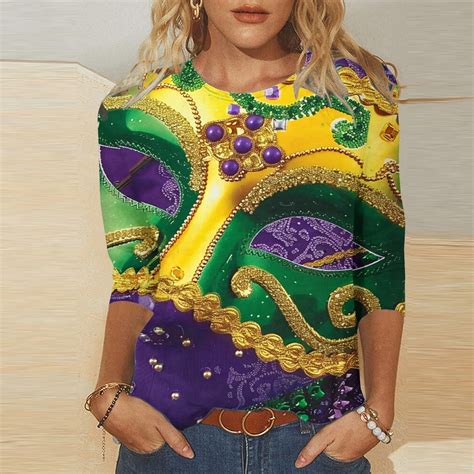 BLTIBY Women's Mardi Gras Sweatshirts Casual Crewneck 3/4 Sleeve Loose ...