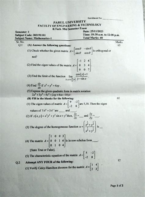 B.Tech. 303191101 Mid Sem Exam Mathematics 1 Question Bank - Studocu