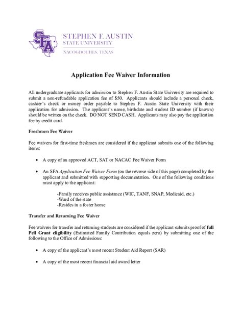 2020-2026 SFA University Application Fee Waiver Form - Blank Fillable ...