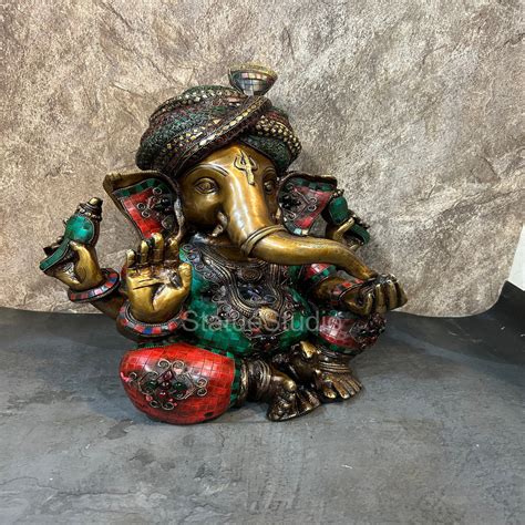 Brass Pagadi Ganesha Idol Antique Stone Work For Home Decor 1.5 Feet ...