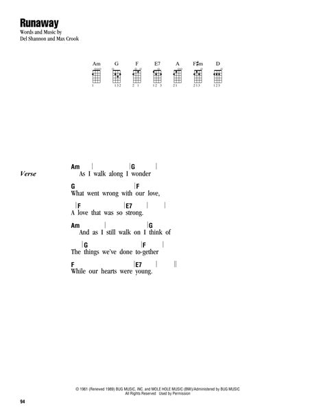 Runaway by Del Shannon Sheet Music for Ukulele Chords/Lyrics at Sheet ...