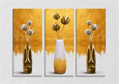 White And Golden Flower Vase wall Art, Set of 3 – Myindianthings