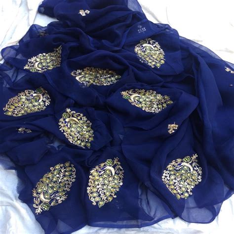 Kundan Work Pure Chiffon Saree In Blue|Buy Now Traditional Saree|Jhakhas