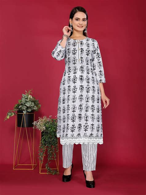 Cotton Printed Straight Calf Length Kurta with Pant –Rangita