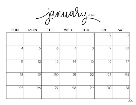 January 2026 Calendars - 150 FREE Printables | Printabulls