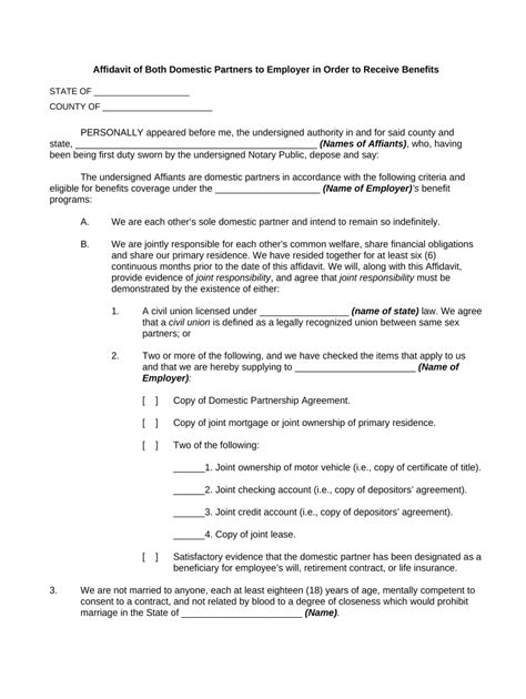 Affidavit of Both Domestic Partners to Employer in Order to Receive ...
