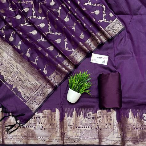 Purple Golden Zari Georgette Silk Banarasi Suit – Mohsin Textiles