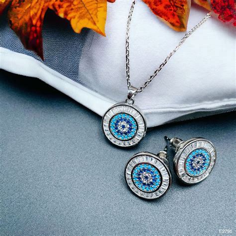 Evil Eye Baguette Silver Anti Tarnish Pendant Chain Earring Set – ZIVOM
