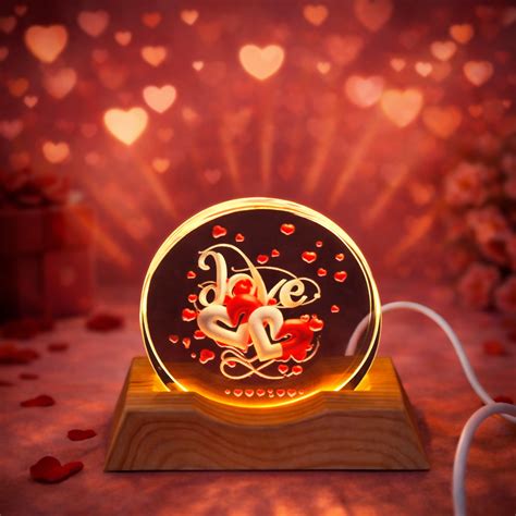 Love Double Heart Acrylic LED Lamp with Wooden Base Romantic Gift Ligh