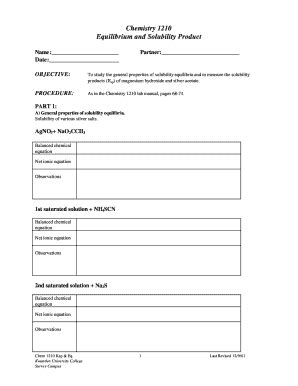 Fillable Online Chemistry 1210 Equilibrium and Solubility Product Fax ...