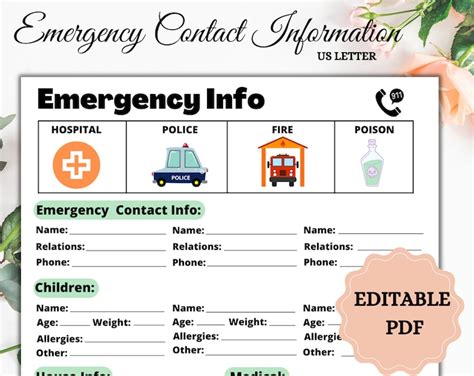 Emergency Contact Info Sheet: Contact Information for Nanny, Babysitter ...