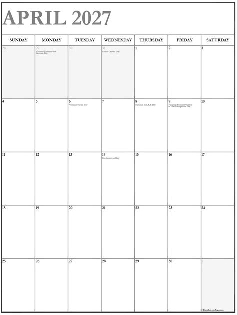 April 2027 Vertical Calendar | Portrait