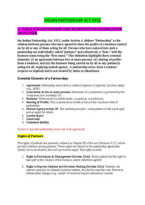 Indian Partnership Act, 1932: Key Concepts and Provisions - Studocu