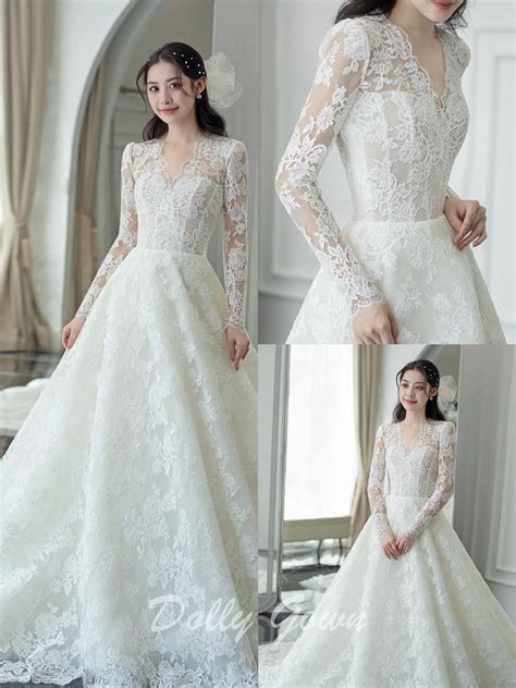 Modest Long Sleeve V-Neck A-line Lace Wedding Dress