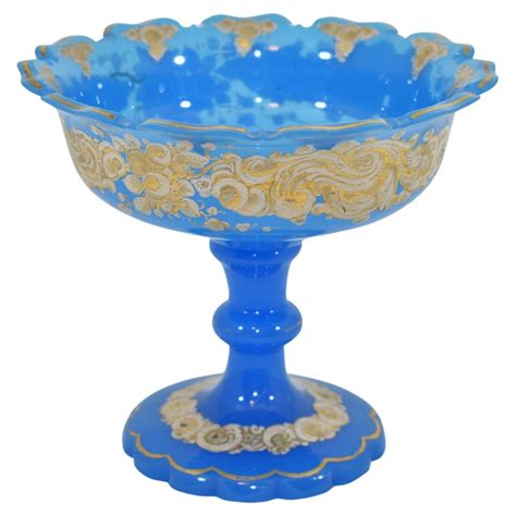 Antique Blue Opaline Enameled Glass Tazza Bowl, 19th Century For Sale ...
