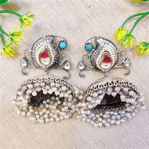 "Manjari" Silver Look Alike Jhumki Earrings – The Beta Girl Jewellery