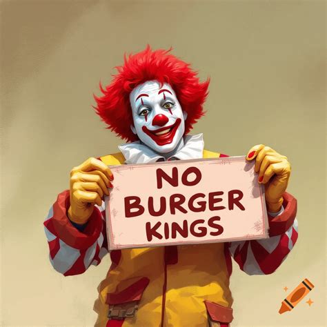 A character resembling Ronald McDonald holding a sign that says 'NO ...