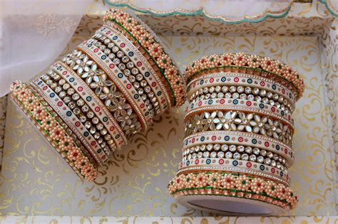 Bridal Chura with Flower Mirror kada and Gajra Kada – BANGLES BY LESHYA