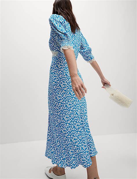 Buy Printed V-Neck Lace Insert Midaxi Tea Dress at Marks & Spencer