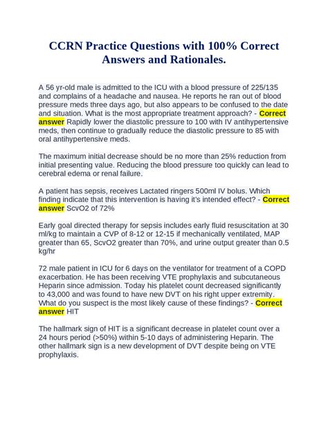 CCRN Practice Questions with 100% Correct Answers and Rationales ...