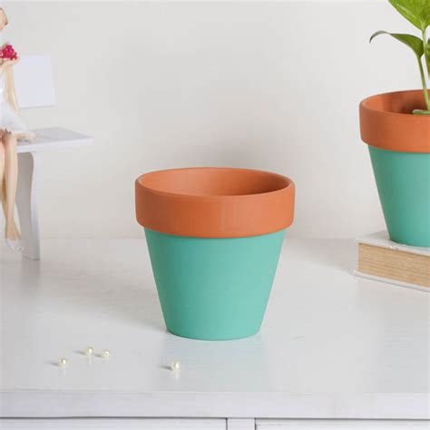 Brown Rim Green Clay Pot Set Of 2 Online - Premium Planter | Nestasia