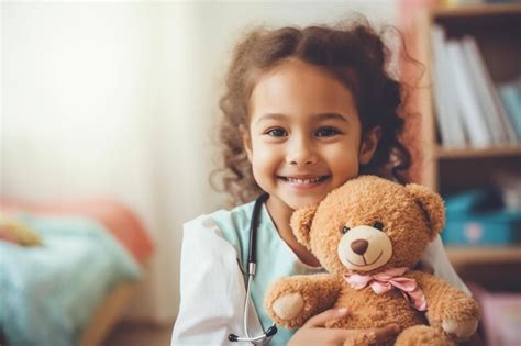 Little girl after chemotherapy with toy bear in clinic | Premium AI ...