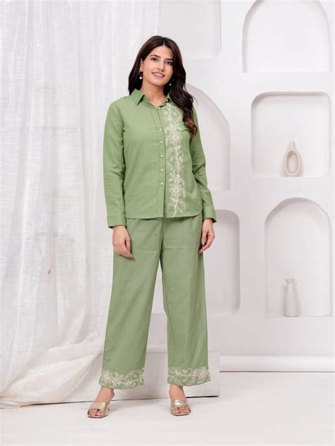 Embroidered Cotton Co-Ord Set | Green Cotton Co-Ord Set for Women – NATICA