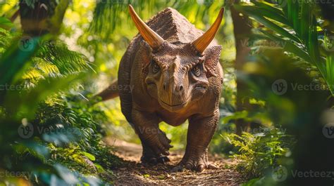 A brown dinosaur with horns traverses a trail through the forest ...