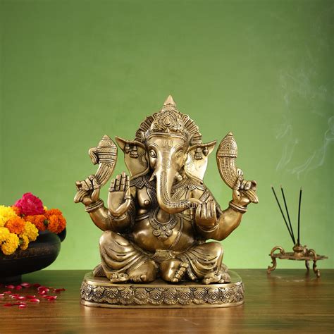 Brass Superfine Lord Ganesha Statue with Attached Pedestal - 15 inch ...