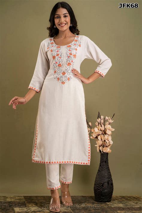 White Cotton Embroidery Kurti Pant Set – JaipurFabric®