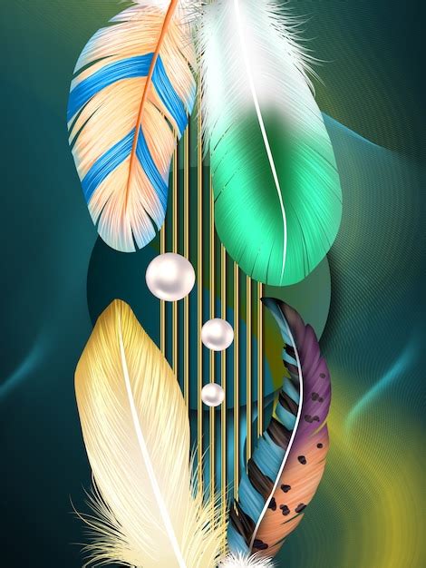 Modern wall frame canvas art wallpaper 3d colored feathers and pearl in ...