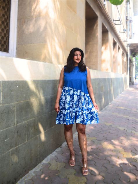 Blue Floral Printed Cotton Pleated Short Dress for Women | WhySoBlue