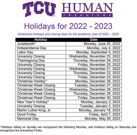 Tcu Holiday Calendar