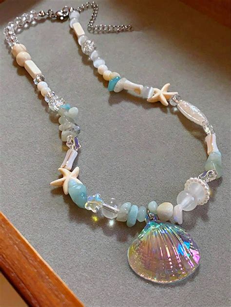 1pc Dopamine-Themed Ocean Blue Shell, Starfish & Pearl Beaded Necklace ...