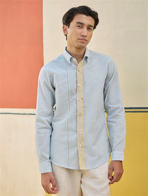 Rin Border Linen Shirt - Sky – Manan