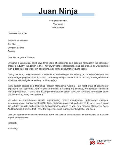 Image result for Program Manager Cover Letter Examples