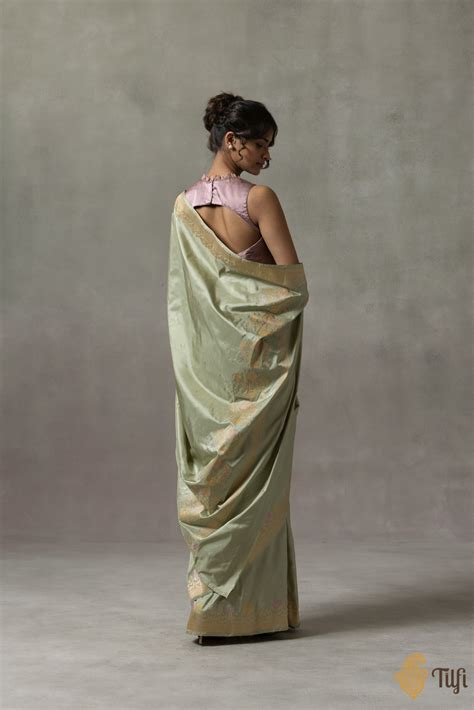 'Sophie' Pastel Sage Pure Katan Silk Banarasi Handloom Saree - Tilfi